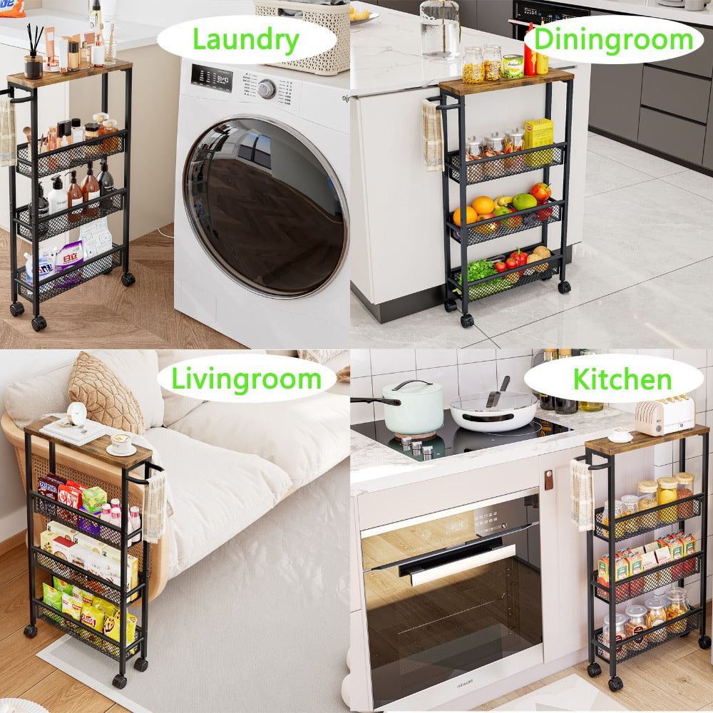 4-Tier Narrow Rolling Storage Carts And Kitchen Carts with Solid Wood Construction detail image