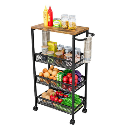 4-Tier Narrow Rolling Storage Carts And Kitchen Carts with Solid Wood Construction detail image - detail view 3