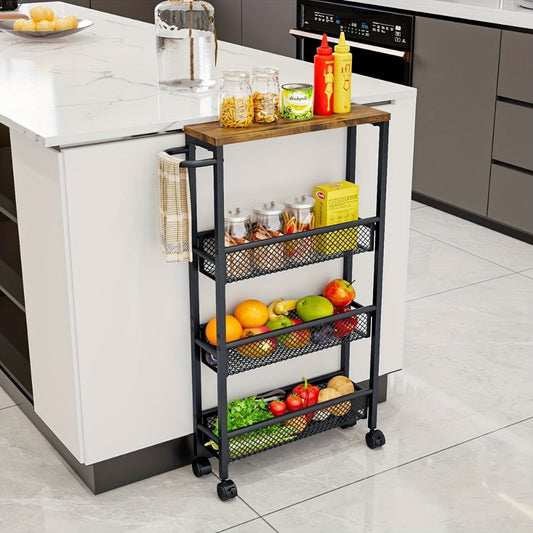 Rolling Storage Carts and Kitchen Carts, 4-Tier Narrow Rolling Storage Cart with Wooden shown in the main product view