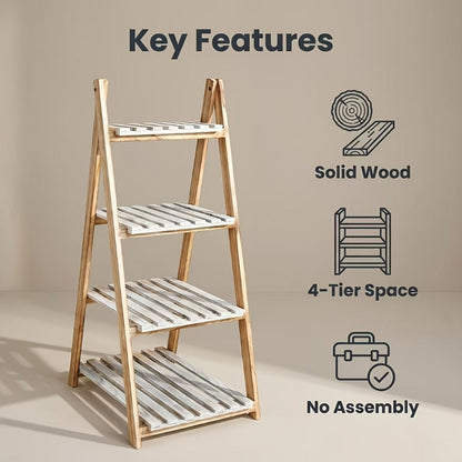 Ladder Shelf, 4-Tier Wooden Bookshelf Plant Stand Indoor - Rustic Leaning Bookcase Display shown in the main product view