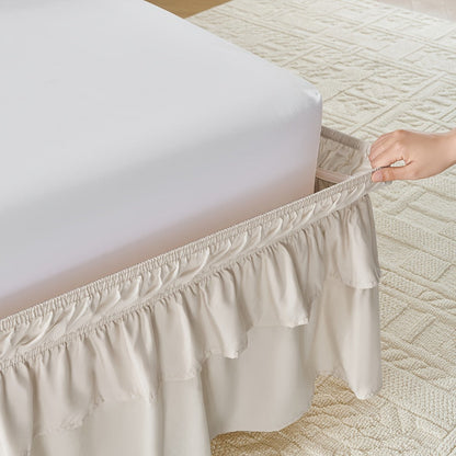 Double Ruffle Bed Skirt 16" Drop | Elastic Wrap Around Dust Ruffle for Twin Full Queen King Bed | Easy Install Machine Washable Soft Linen Poly Blend Bedskirt