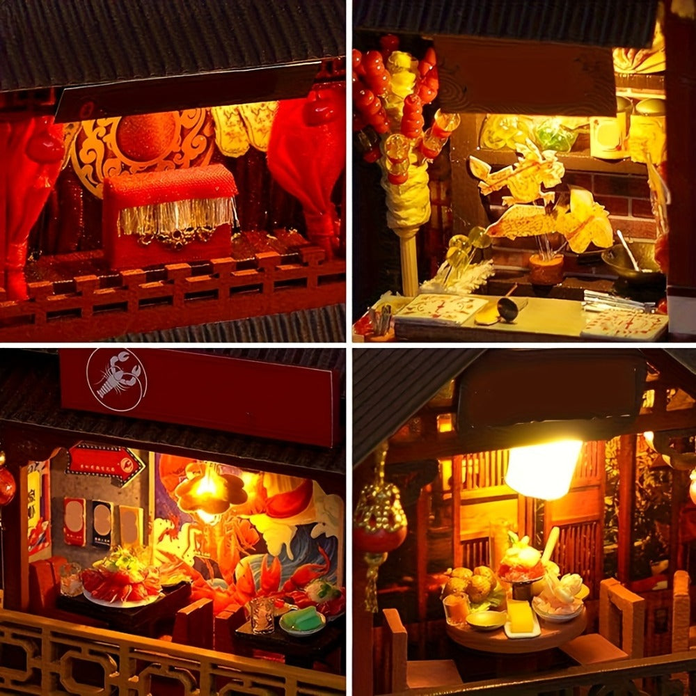 Chinese Food Street Book Nook Kit with LED-Lit Miniature Shops, Sliding Dust Cover and Wooden Shelf Insert