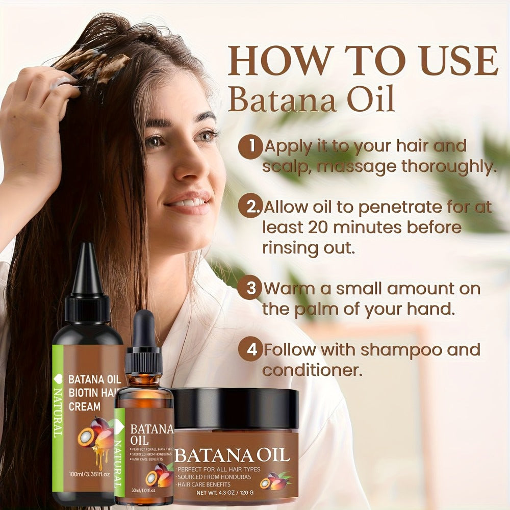 Honduran Batana Oil & Biotin 3-Piece Hair Care Set — Cold-Pressed Pure Extract, Nourishes Scalp, Strengthens Strands, Prevents Breakage & Split Ends, Adds Shine, All Hair Types, Unisex