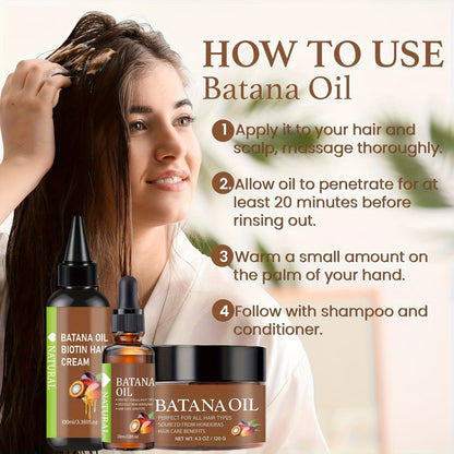Honduran Batana Oil & Biotin 3-Piece Hair Care Set — Cold-Pressed Pure Extract, Nourishes Scalp, Strengthens Strands, Prevents Breakage & Split Ends, Adds Shine, All Hair Types, Unisex