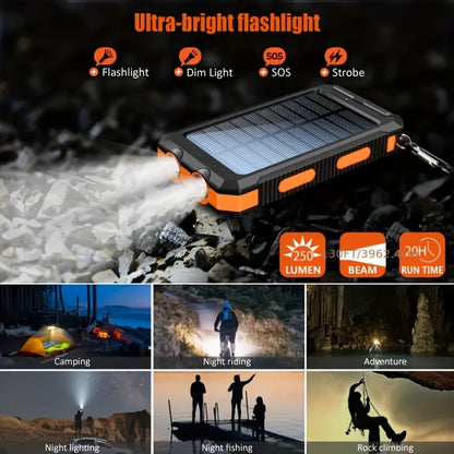 Solar Power Bank, 20000mAh Dual-USB Charger with Solar Panel, LED Flashlight, Compass and Five Color Options
