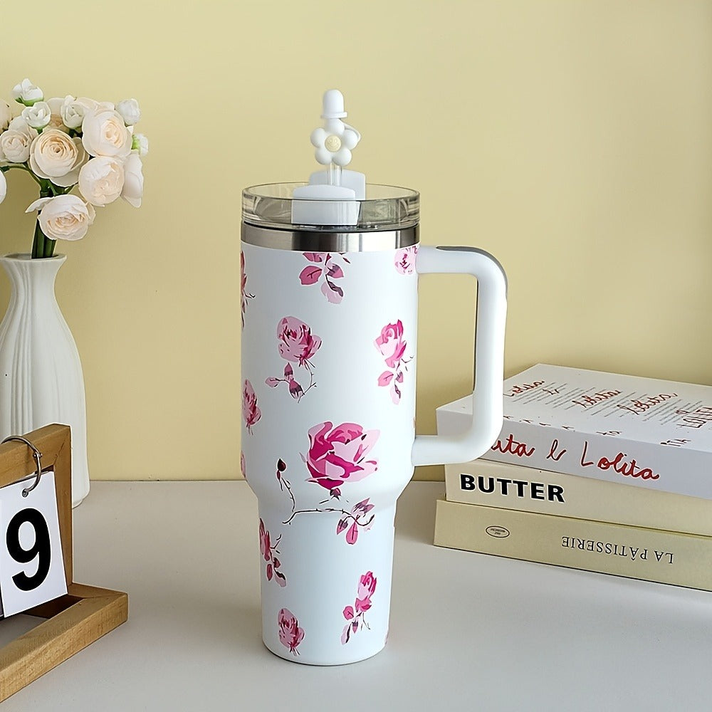 40oz Floral Handled Tumbler with Straw Lid in White, Pink, Blue or Pink Butterfly Checkout Designs