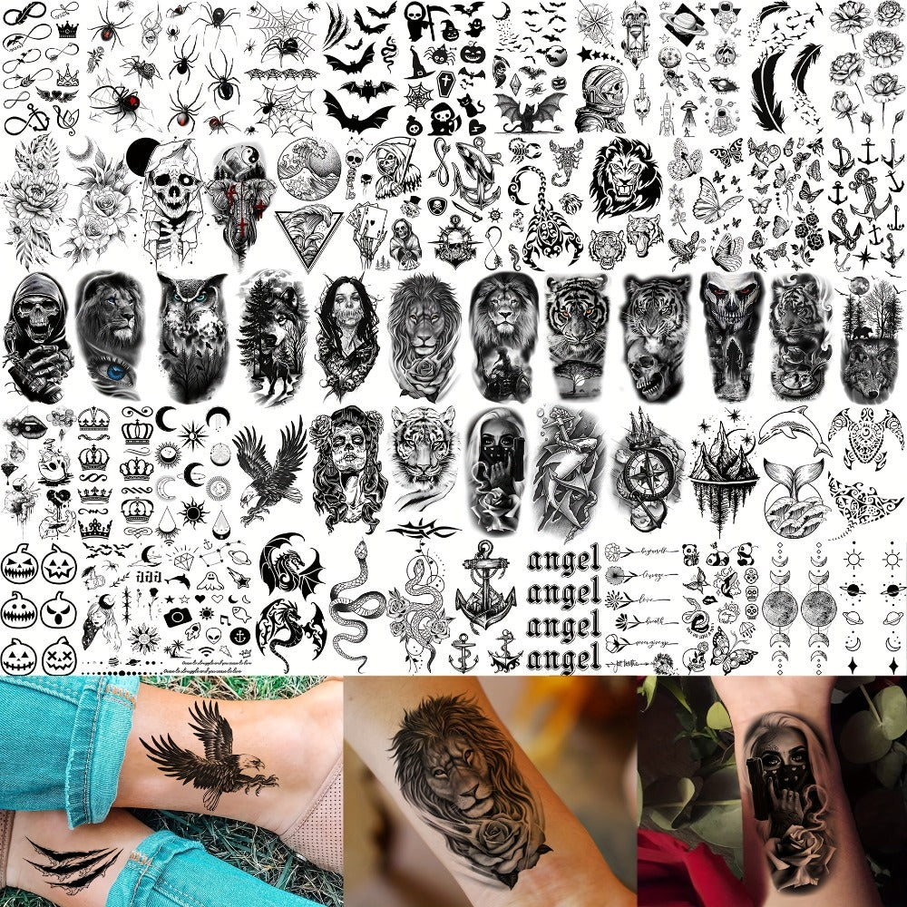 Temporary Tattoos, 71-Sheet Old School and Gothic Set with Tiger, Wolf, Lion, Dragon, Skull and Floral Motifs