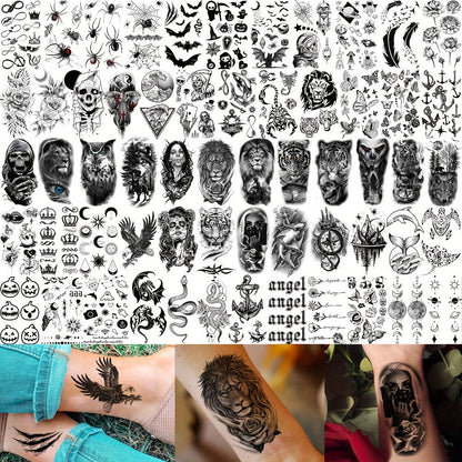 Temporary Tattoos, 71-Sheet Old School and Gothic Set with Tiger, Wolf, Lion, Dragon, Skull and Floral Motifs