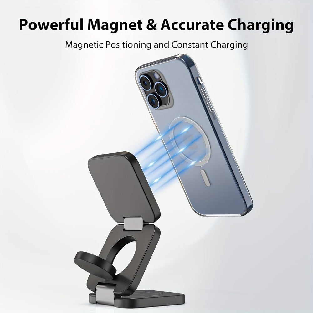 Wireless Charging Station, Alilong Foldable 3-in-1 Magnetic Travel Dock in Black for Apple Devices