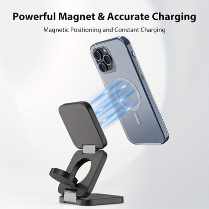Wireless Charging Station, Alilong Foldable 3-in-1 Magnetic Travel Dock in Black for Apple Devices