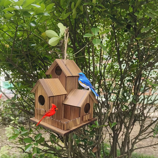 Bird House | 3-Room Natural Wood Hanging Chain Garden Patio Bluebird