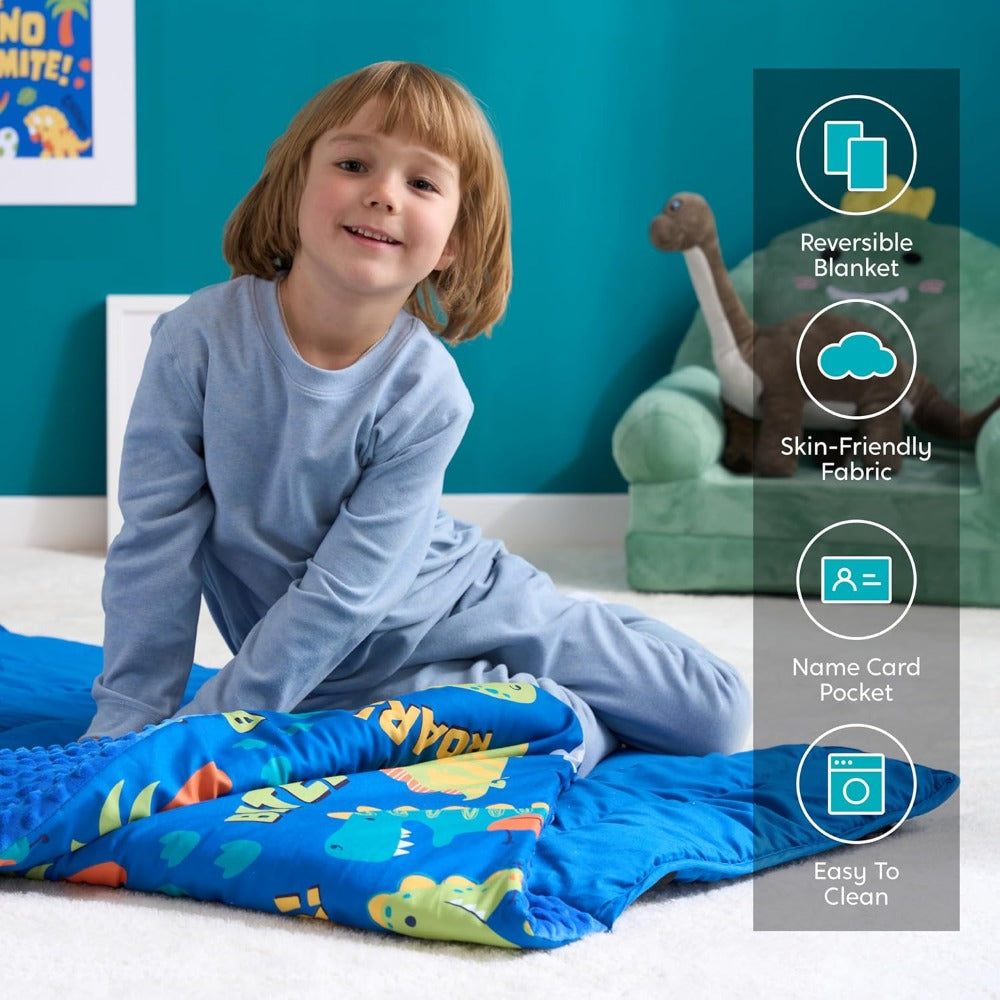 Kids Nap Mat with Removable Pillow & Minky Blanket - Soft Roll-Up Sleeping Bag for Boys Girls, Blue Dinosaur Design, Preschool Kindergarten Daycare Sleepover, Ages 3+, 55''x30''