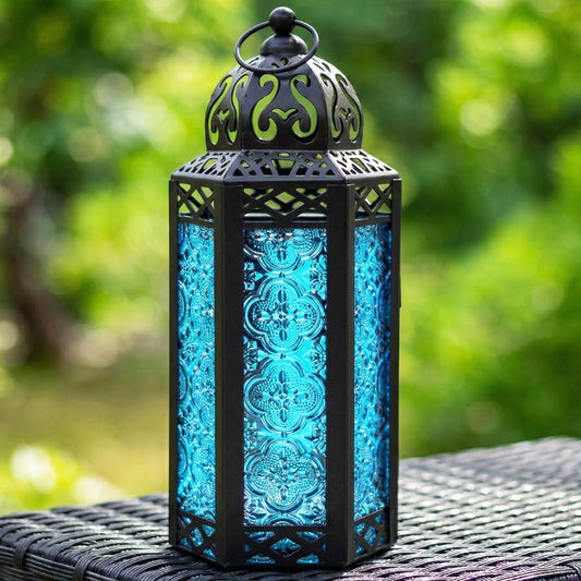 Moroccan Candle Lantern Holder - Decorative Metal & Glass Lantern with Embossed Floral Design for Indoor Home Decor, Garden, Patio, Weddings, Ramadan, Halloween & Holiday Celebrations - 10.5" Tall Medium Size