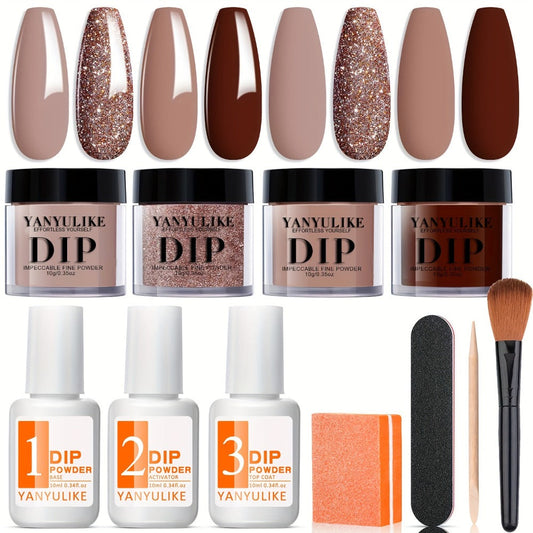 Dip Powder Nail Starter Kit 4 Colors Pink Brown Beige — Complete Dipping Set with Base Coat Activator Top Coat No Lamp Needed French Manicure Beginner Nail Art Gift for Women