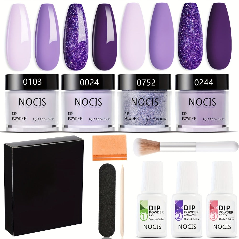 Dip Powder Nail Kit with NOCIS Label, Four Lilac Lavender Purple Glitter Powders, Three 10ml Liquids and Tools
