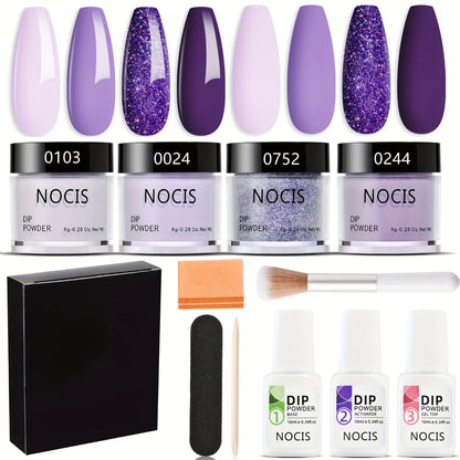 Dip Powder Nail Kit with NOCIS Label, Four Lilac Lavender Purple Glitter Powders, Three 10ml Liquids and Tools