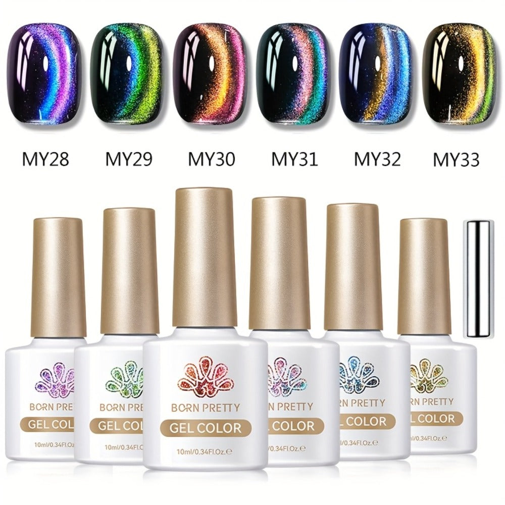 Gel Nail Polish 6-Color 9D Polaris Magnetic Set with Six 10ml Glass-Water-Light Shades for Nail Art