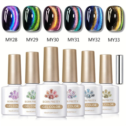 Gel Nail Polish 6-Color 9D Polaris Magnetic Set with Six 10ml Glass-Water-Light Shades for Nail Art