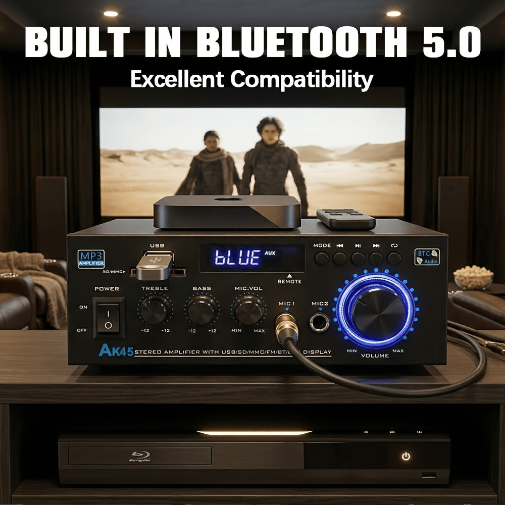 AK45 Two-Channel Bluetooth Home Audio Amplifier with FM, Karaoke Inputs, USB, MMC and SD Card Playback Options
