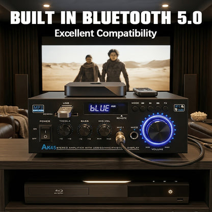 AK45 Two-Channel Bluetooth Home Audio Amplifier with FM, Karaoke Inputs, USB, MMC and SD Card Playback Options