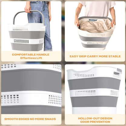 Collapsible 43L Laundry Basket in Grey with Carry Handles, Single or 2-Pack Folding Checkout Options