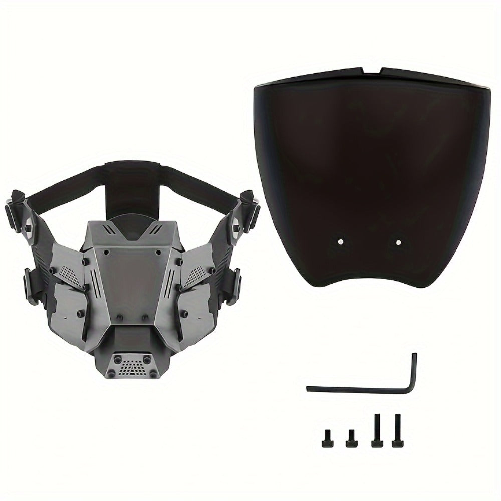 Black Reflective Cyberpunk Costume Mask with Full-Face Visor and Detachable Mechanical Lower Panel
