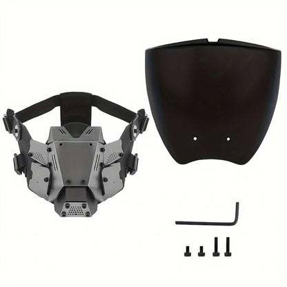 Black Reflective Cyberpunk Costume Mask with Full-Face Visor and Detachable Mechanical Lower Panel
