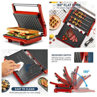 Panini Press Grill 3-in-1 Electric Indoor Grill with Non-Stick Plates - 180° Flat Grill Sandwich Maker with Floating Hinge Grease Tray Temperature Control, Compact Countertop Grill for Home Dorm Office