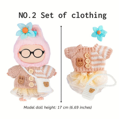 Three-Set Doll Clothes Collection for 17cm Plush Dolls with Knit Tops, Tulle Skirts, Hair Accents and Bags
