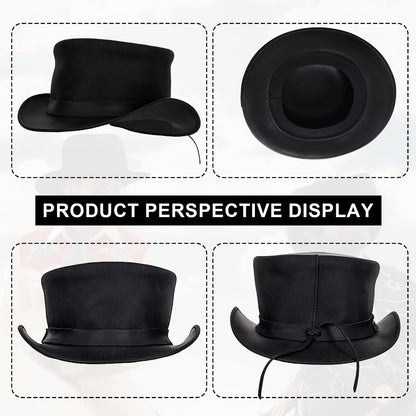 Genuine Leather Top Hat Steampunk Gentleman Shapeable Brim – Real Cowhide Low Crown Topper for Men & Women S-3XL, Halloween Costume Cosplay Motorcycle Riding Fashionable Dress Up Hat