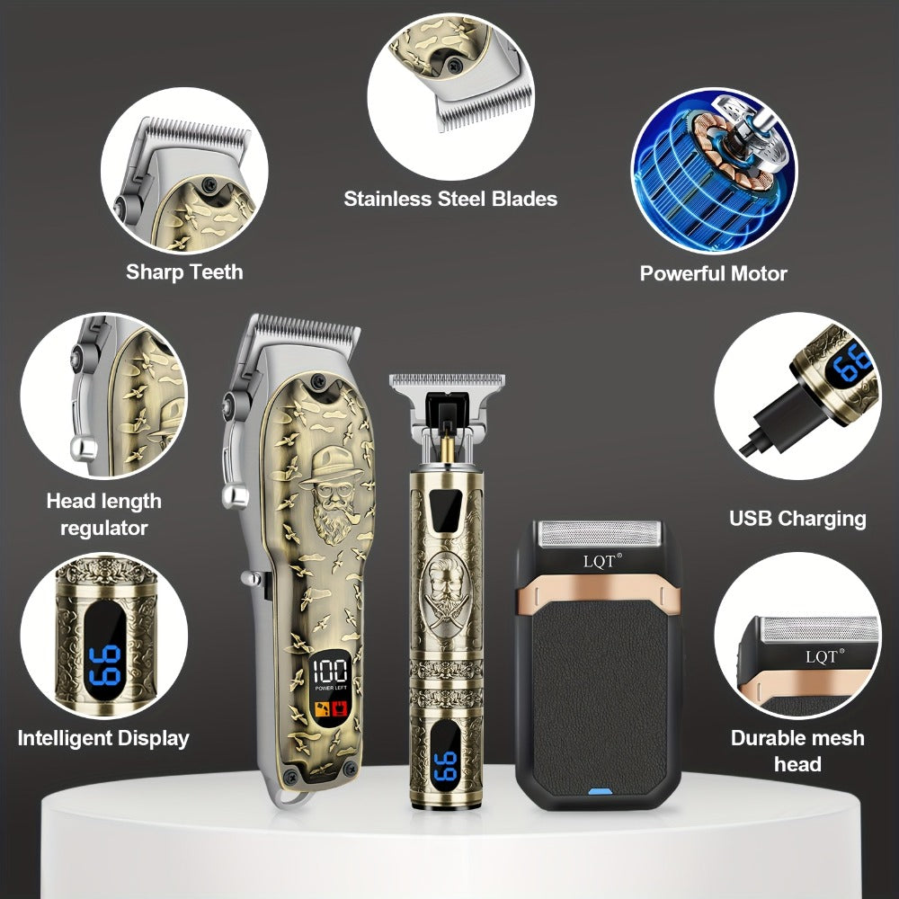 Electric Hair Clipper Set for Men - LQT USB Rechargeable 2000mAh with Engraving Scissors Metal Digital Display Cordless Barber Kit 2 3 4 Piece Home Salon Bronze Gift