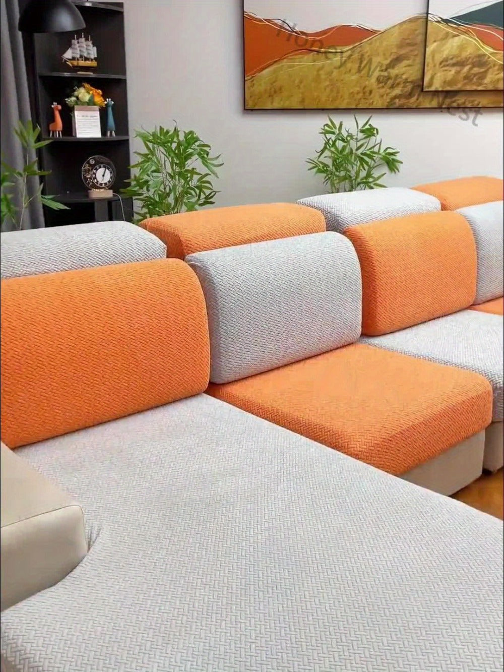Jacquard Stretch Sofa Cover Non-Slip | Elastic Wear-Resistant Couch Slipcover, Polyester Jacquard Fabric, 1 to 4 Seat Sectional L-Shape, Armrest Backrest, Machine Washable