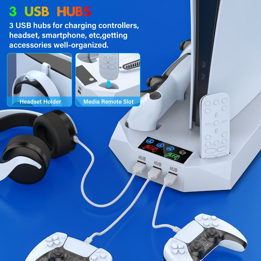 Five-in-One Console Stand Compatible with PS5 Models, Dual Controller Dock, Fan, USB Hub and Headset Holder
