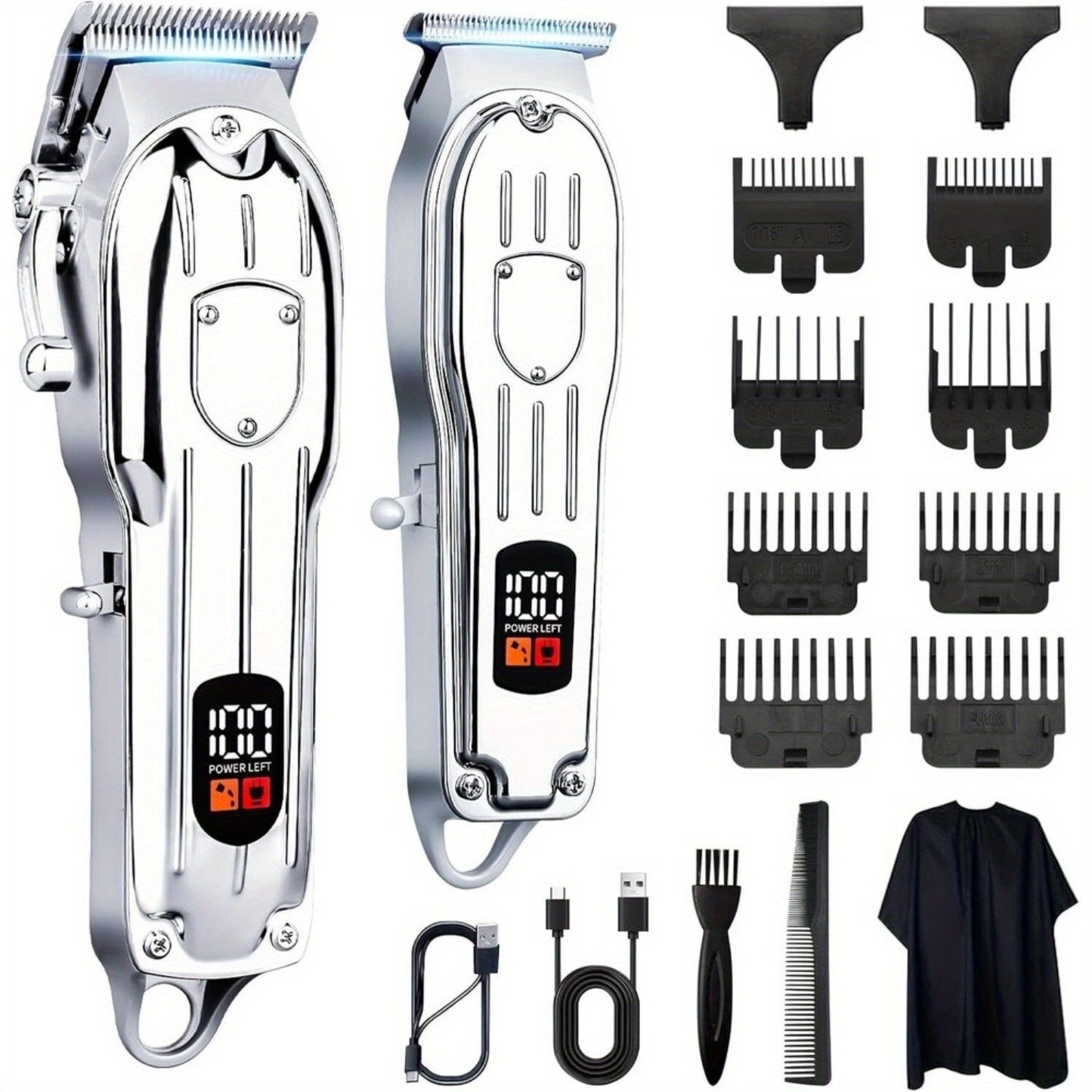 Hair Clipper Cordless Metal-Body Set with LCD Battery Display and Single or Two-Piece Color Options
