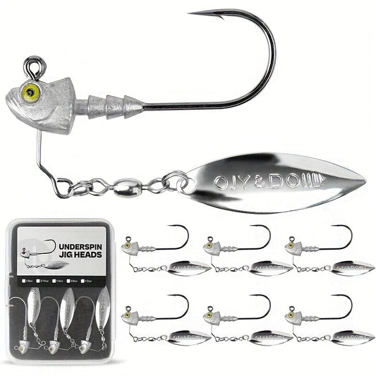 Underspin Jig Heads 6-Pack with 100% Brass Blade – Never Rust Rotating Spinner Jig for Bass & Saltwater Fishing – 3/16oz, 1/4oz, 3/8oz, 1/2oz – Flash & Vibration Swimbait Head