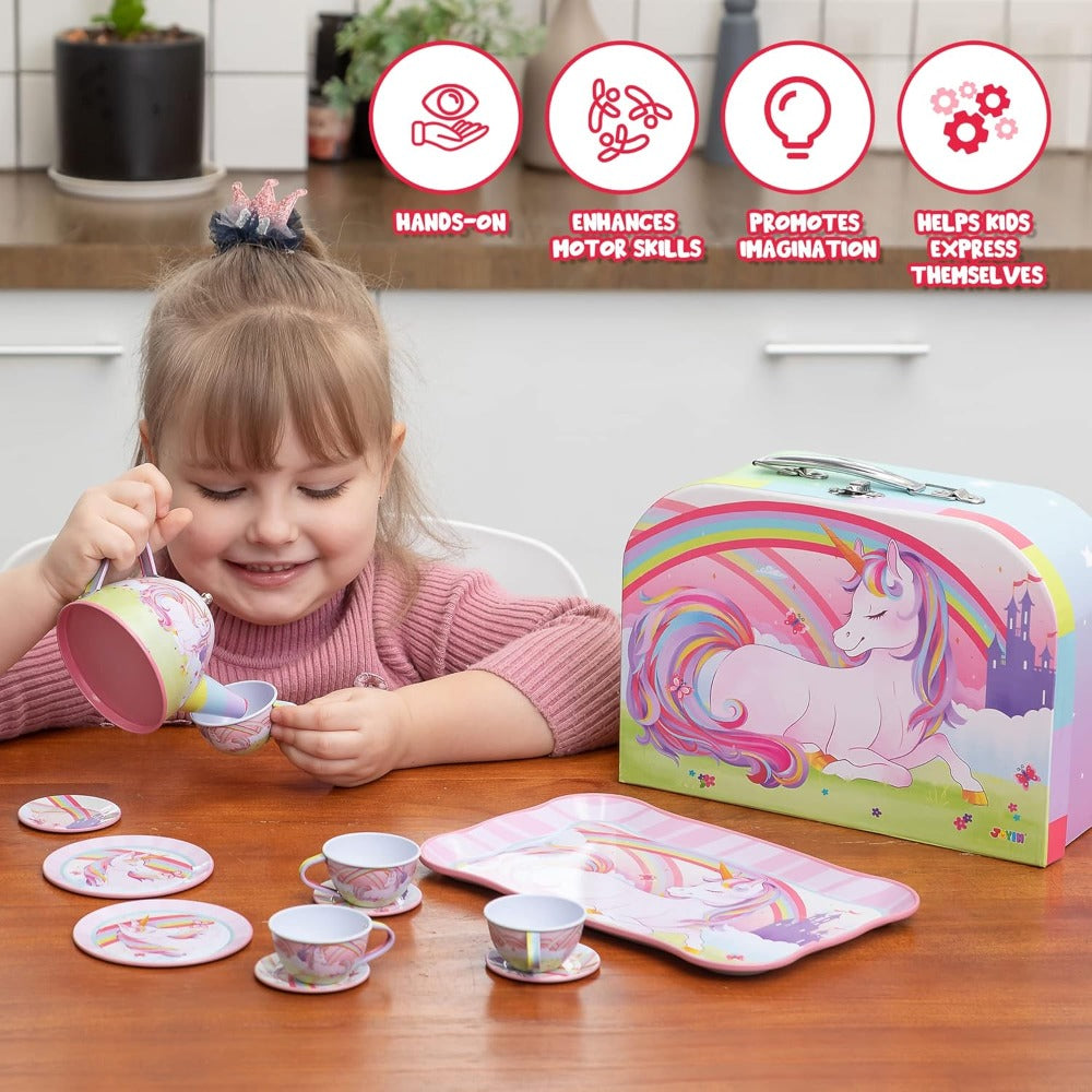Pink Unicorn Tin Tea Set in Carry Case with Teapot, Four Cups, Four Saucers and Five Plates