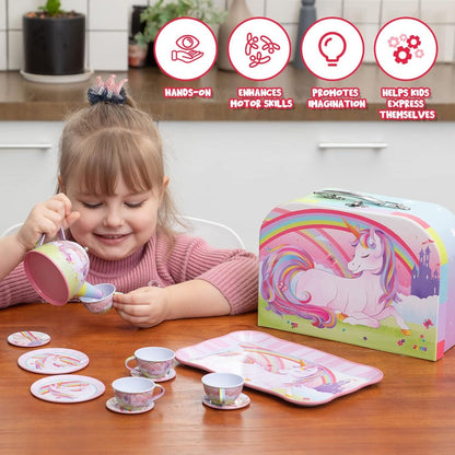 Pink Unicorn Tin Tea Set in Carry Case with Teapot, Four Cups, Four Saucers and Five Plates