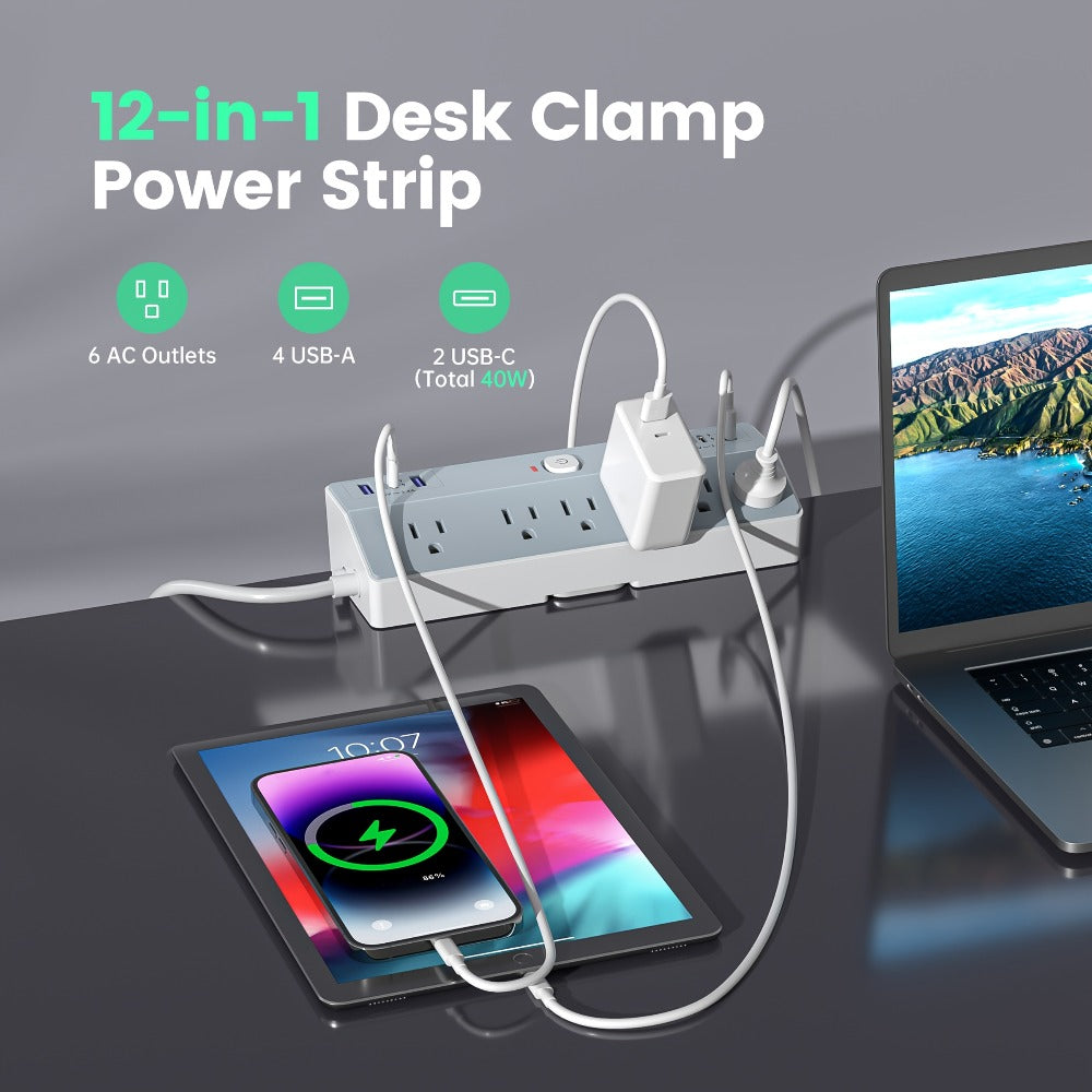 Desk Clamp Power Strip 12-in-1 Surge Protector with 6 Outlets 4 USB-A 2 USB-C PD 20W 40W Fast Charging Desktop Mount Flat Plug for Home Office Tabletop