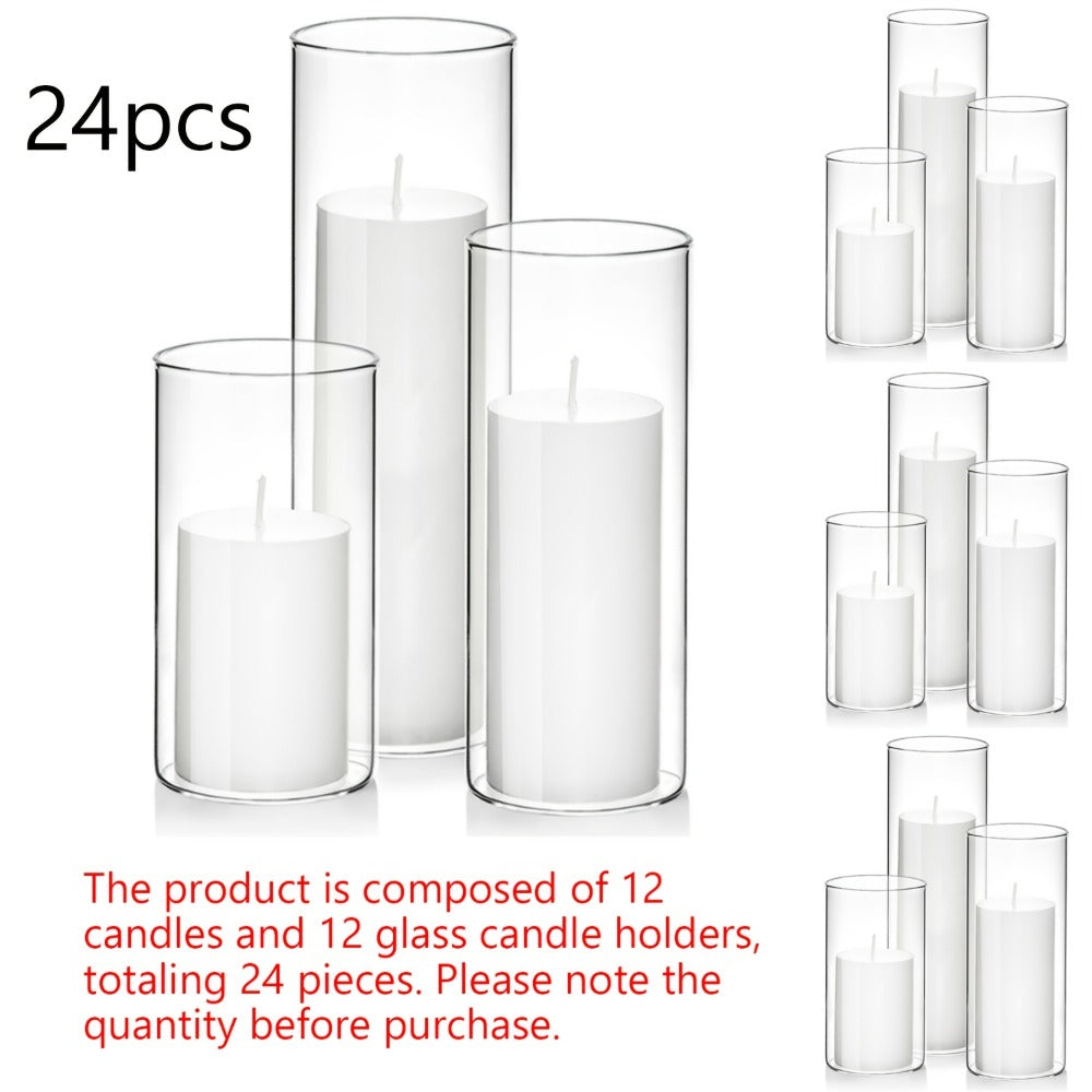 Pillar Candles with Clear Glass Hurricane Holders – Unscented White Cylinder Candles & Vases for Wedding Centerpieces, Party Tables, Home & Office Decor, Bulk Set 24 or 48 Pieces