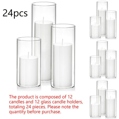 Pillar Candles with Clear Glass Hurricane Holders – Unscented White Cylinder Candles & Vases for Wedding Centerpieces, Party Tables, Home & Office Decor, Bulk Set 24 or 48 Pieces