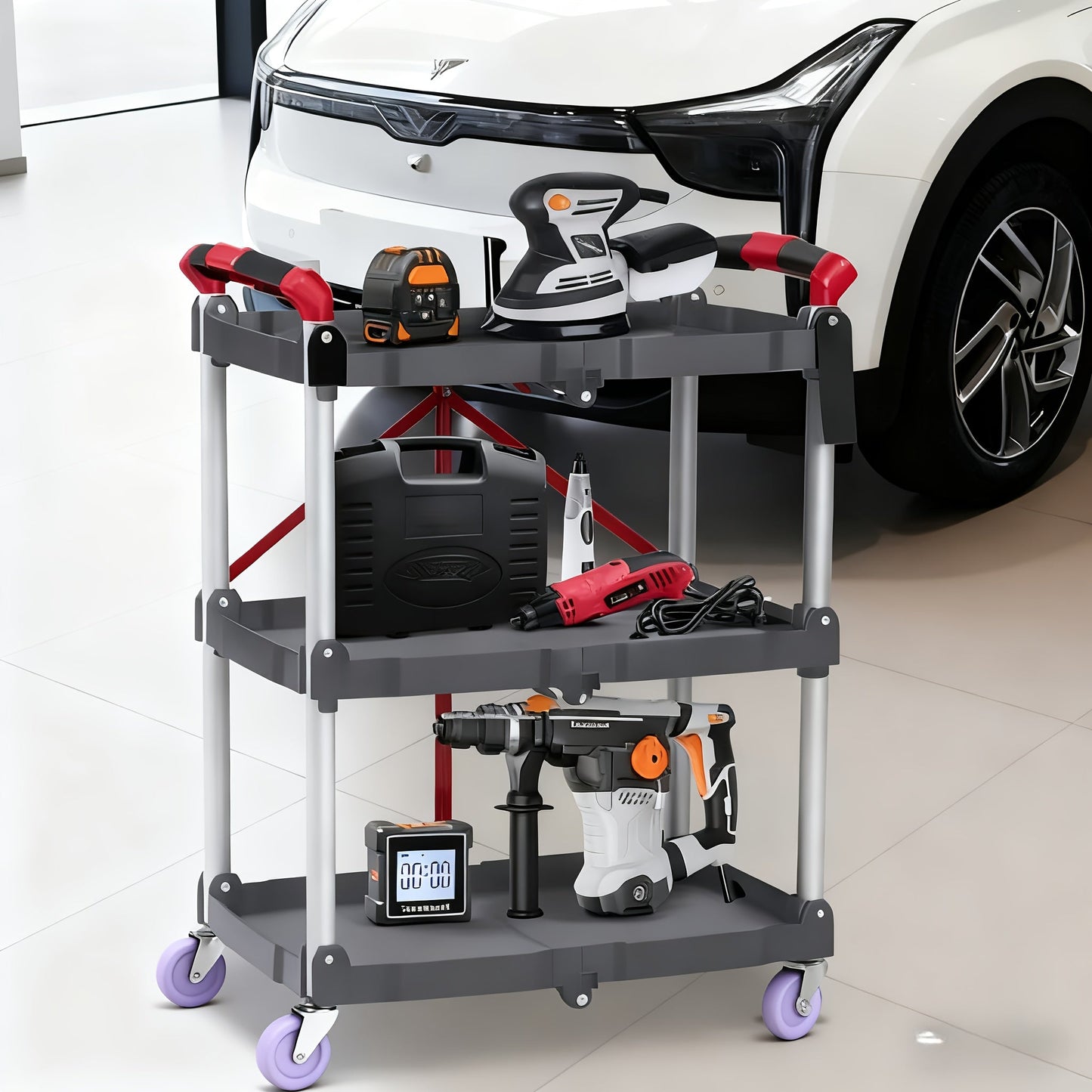 3-Tier Rolling Cart Collapsible Service Utility Cart on Wheels 56 LBS Per Shelf, Portable Folding 3 Shelf Cart Heavy Duty for Kitchen Office Garage Workshop