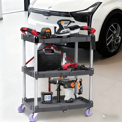 3-Tier Rolling Cart Collapsible Service Utility Cart on Wheels 56 LBS Per Shelf, Portable Folding 3 Shelf Cart Heavy Duty for Kitchen Office Garage Workshop