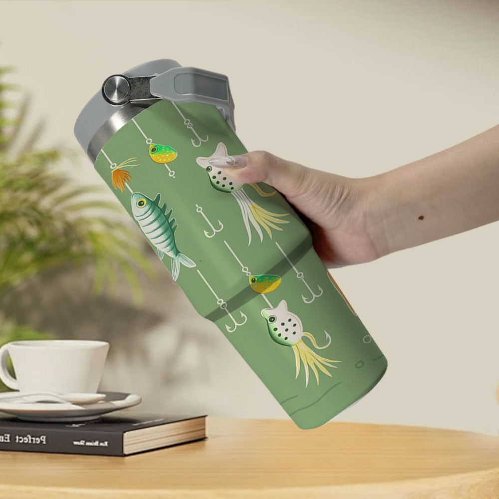 30oz Green Fish-Print Travel Mug with Carry Handle, Straw Lid and Tapered Cup-Holder Base Design