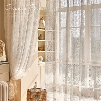 Sheer Chiffon Curtain French Retro Lace Embroidered White Voile Rod Pocket Panel | Living Room Bedroom Room Divider | Boho Cottagecore Romantic Window Drape 145x114 145x183 145x244cm
