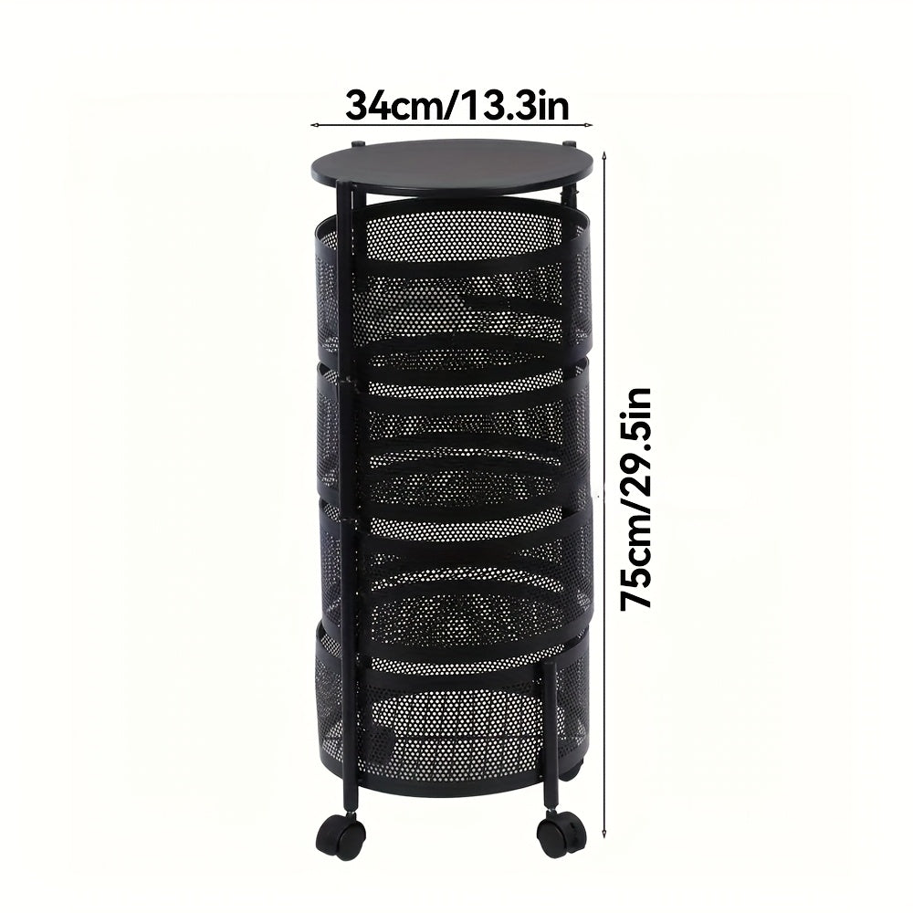 Round-Basket Rolling Storage Rack with Four or Five Mesh Levels, Caster Base and Black or White Finish
