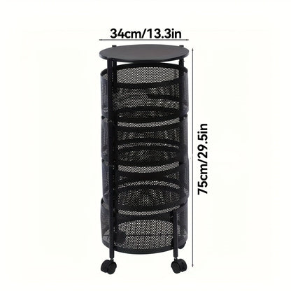 Round-Basket Rolling Storage Rack with Four or Five Mesh Levels, Caster Base and Black or White Finish