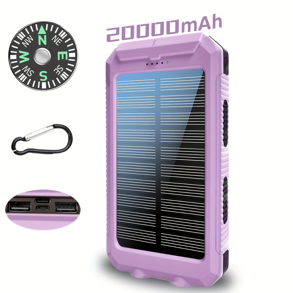 Solar Power Bank, 20000mAh Dual-USB Charger with Solar Panel, LED Flashlight, Compass and Five Color Options