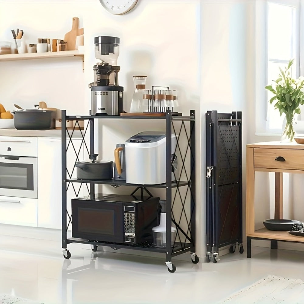 Three-Tier Foldable Storage Rack with Black Iron Shelves, Caster Wheels and 62cm-Wide Frame