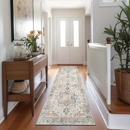 Area Rug Vintage Chenille Print in Light Taupe Brown with Eight Runner and Room Size Options