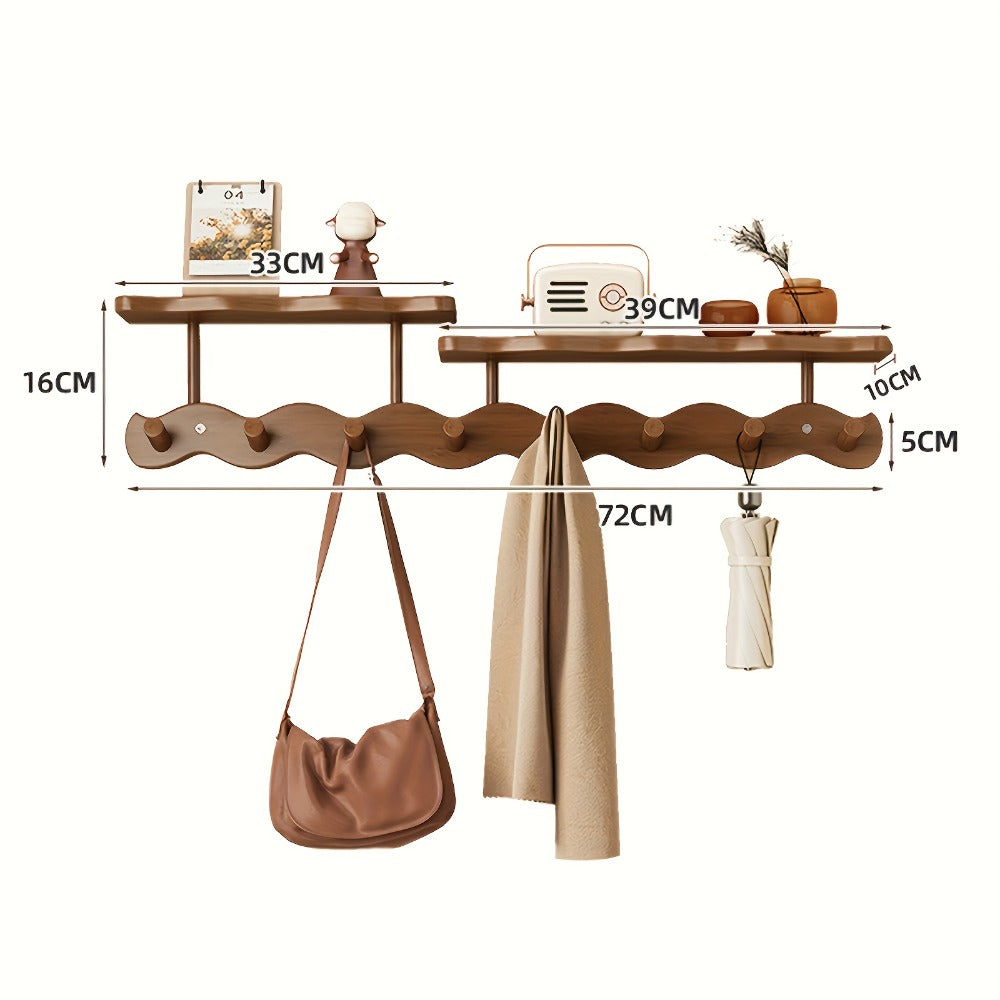 Coat Rack Wall Mounted Wood-and-Metal Organizer with Upper Shelf and 4 or 8 Hooks for Entryway Storage